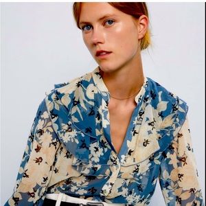 Zara Sheer Blue Ivory Floral Long Sleeve Ruffled Button Blouse Top